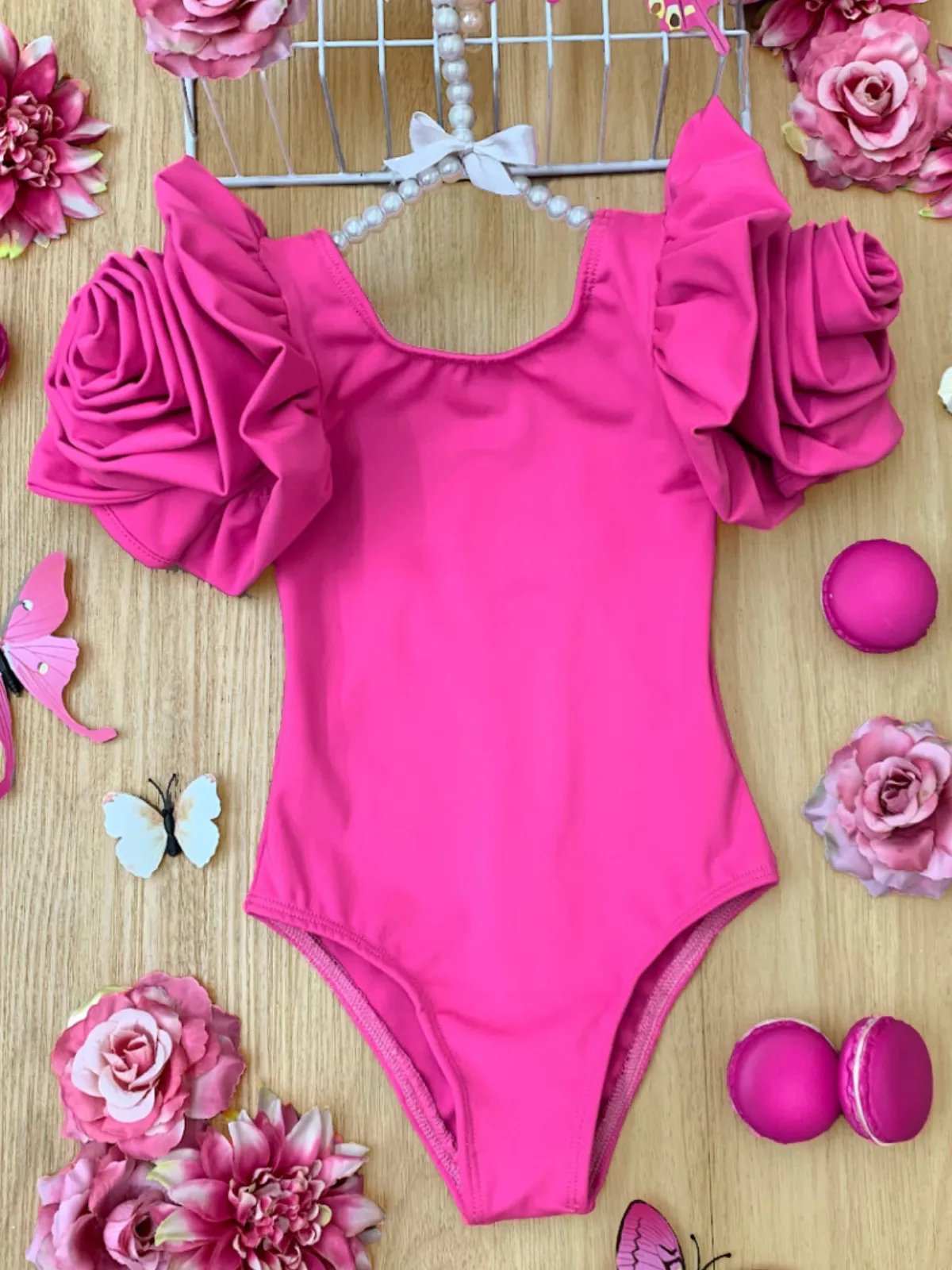 Blooming Rose Sleeve Pink One Piece Swimsuit