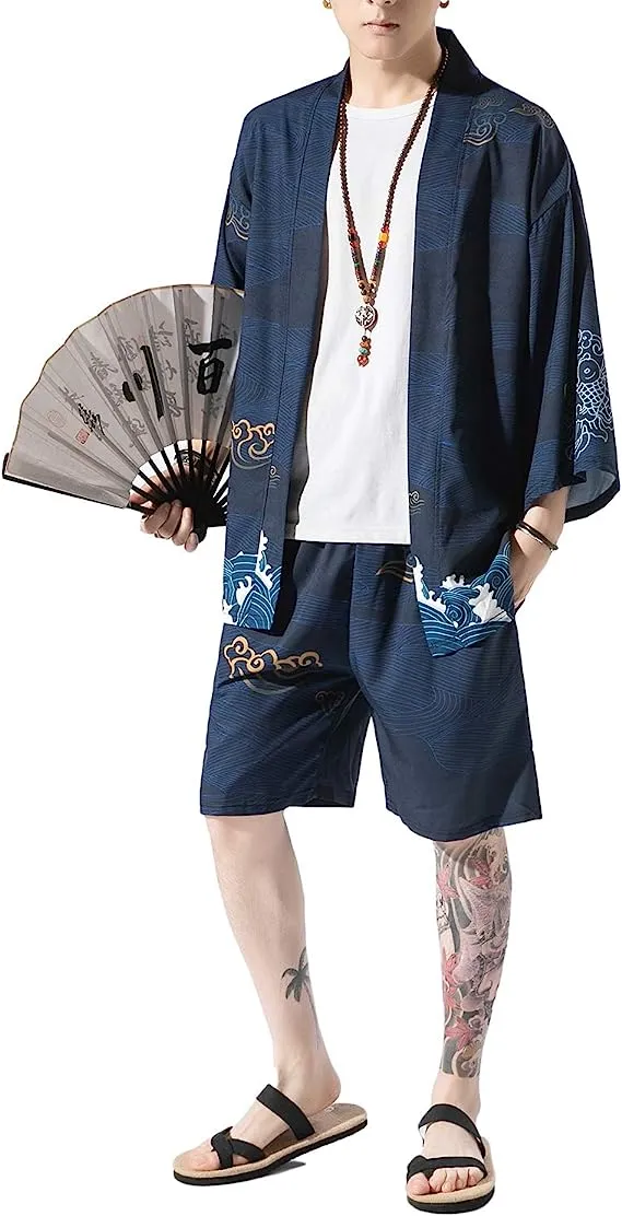 Blue Crane Kimono Shirt & Shorts Set