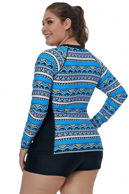 Blue Tribal Geometry Front Zip Rashguard Swim Top