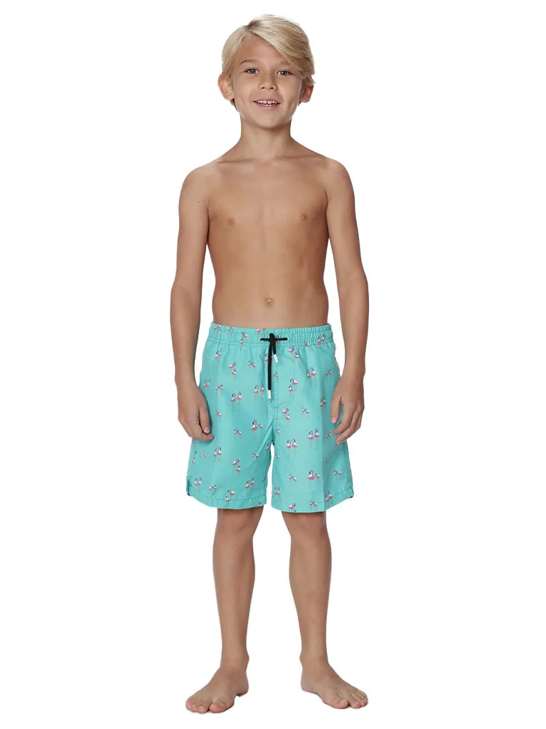 CKLS25 Boys Swim Trunks in a randomized palms print