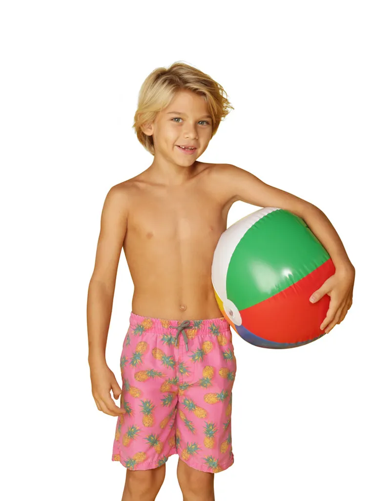 CKLS25 Boys Swim Trunks in a randomized palms print