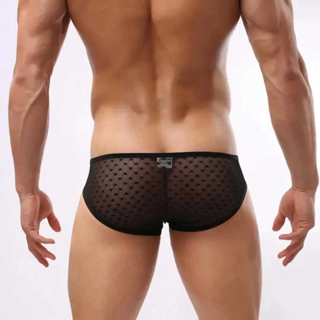 Dominik Men's Ultra-Low Rise Sexy Mesh Trunks Heart Patterns Underwear