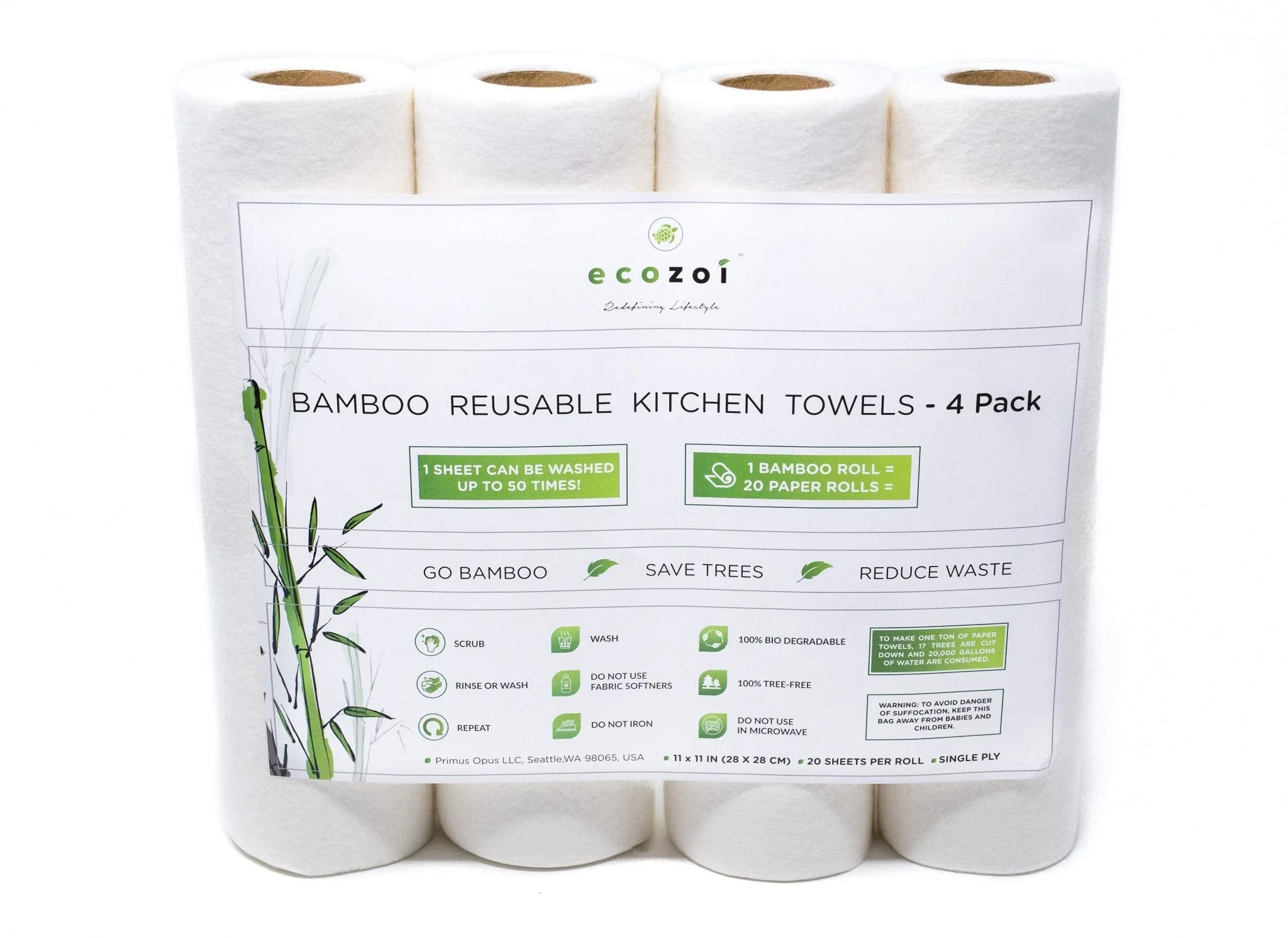 ecozoi Reusable Bamboo Kitchen Paper Towels - Tree-Free, Eco-Friendly Rolls, 4-Pack