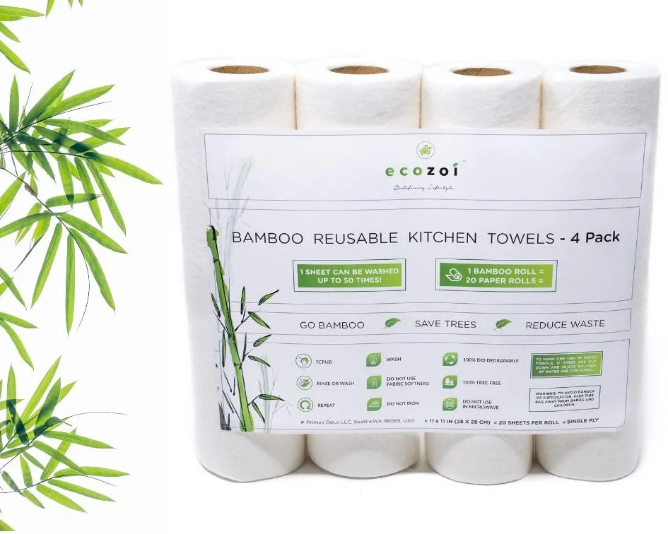 ecozoi Reusable Bamboo Kitchen Paper Towels - Tree-Free, Eco-Friendly Rolls, 4-Pack