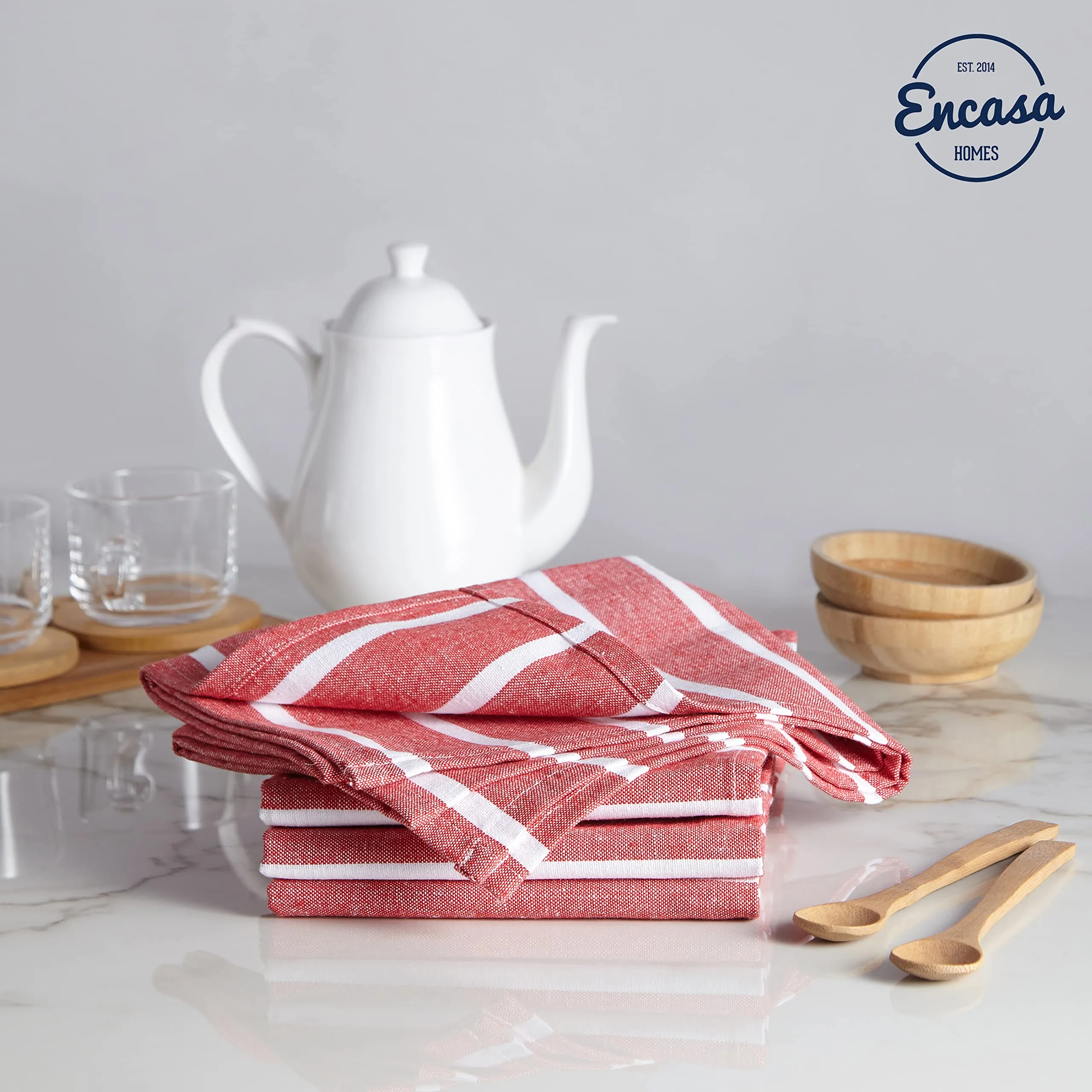 Encasa Homes Kitchen Dish Towels Made with Eco-Friendly Cotton | Highly Absorbent for Cleaning & Quick Drying of Plates & Glasses | X-Large, 18" x 28" | Roma Red Stripes (Set of 4 Pieces)