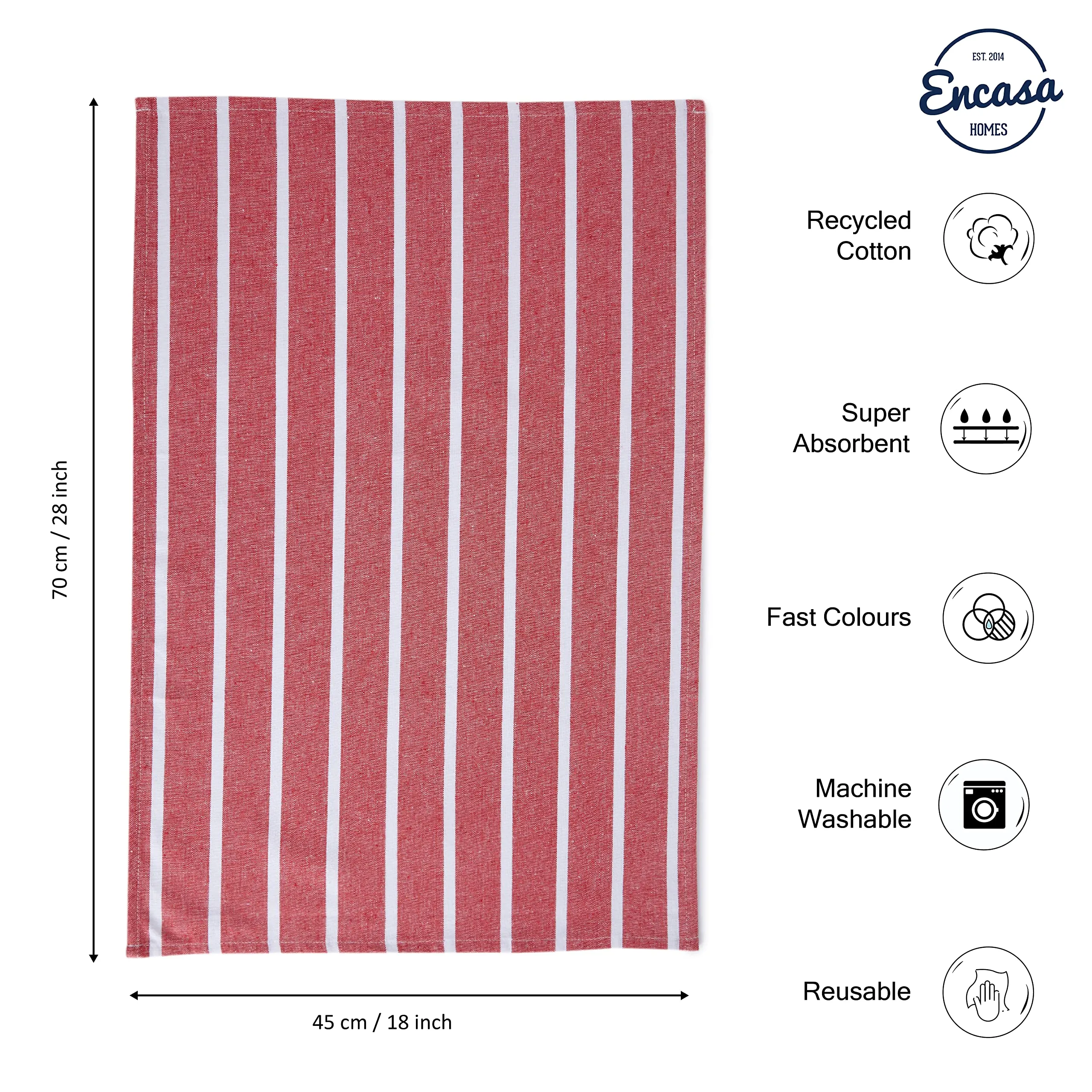 Encasa Homes Kitchen Dish Towels Made with Eco-Friendly Cotton | Highly Absorbent for Cleaning & Quick Drying of Plates & Glasses | X-Large, 18" x 28" | Roma Red Stripes (Set of 4 Pieces)