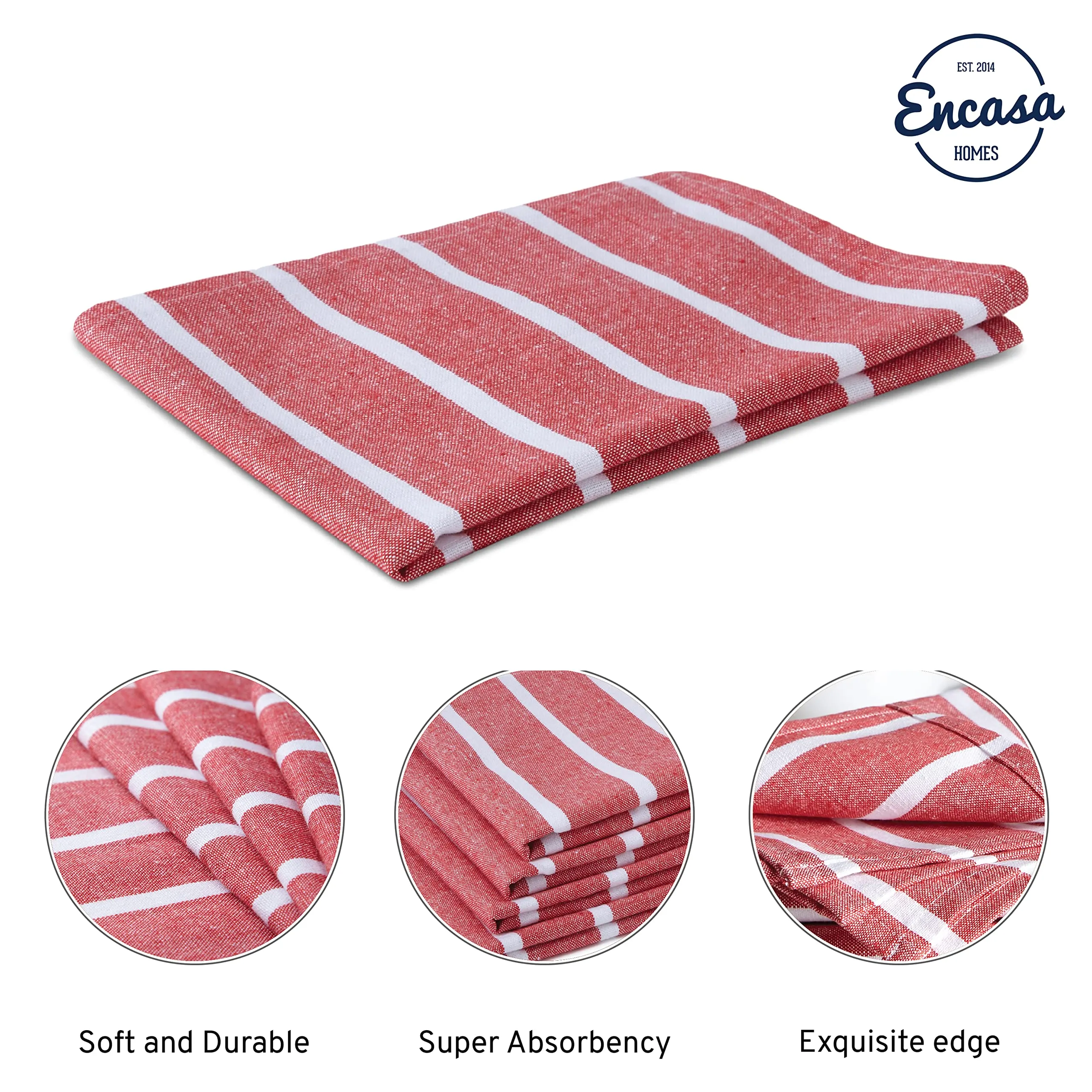 Encasa Homes Kitchen Dish Towels Made with Eco-Friendly Cotton | Highly Absorbent for Cleaning & Quick Drying of Plates & Glasses | X-Large, 18" x 28" | Roma Red Stripes (Set of 4 Pieces)