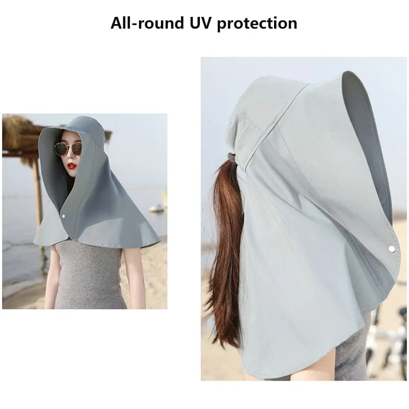 Fashion Summer Sun Hat Women Bucket Hat Anti-UV Shawl 2in1 Korea Dome Beach Cap Wide Brim Back Opening Cycling Fishing Hat