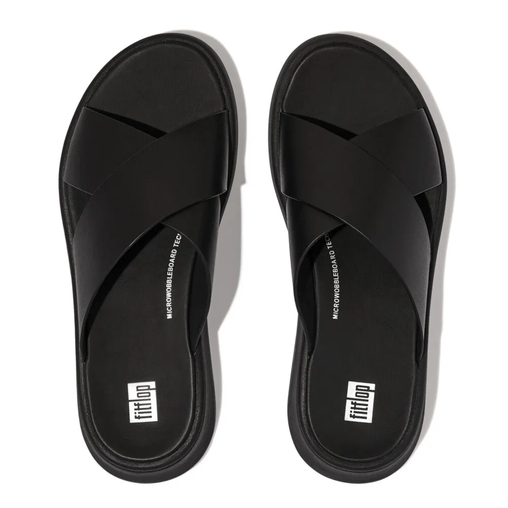 FitFlop F-Mode Leather Flatform Cross Slides Black