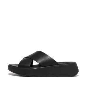 FitFlop F-Mode Leather Flatform Cross Slides Black