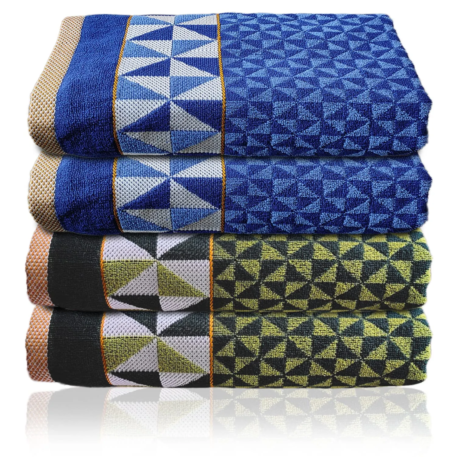 Heart Home Multiuses Tringle Printed Soft Cotton Bath Towel, 30"x60"- Pack of 4 (Green & Blue)