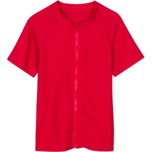 Kids Short Sleeve Zipper Rash Guard Swim Shirt | “Red”