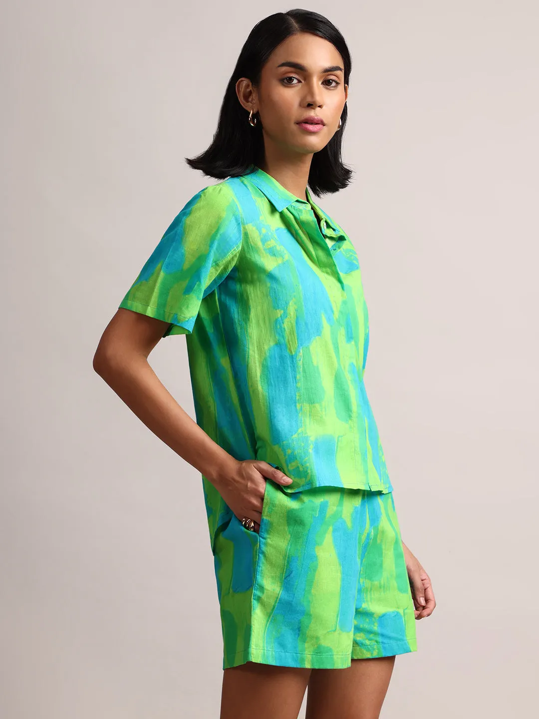 Lime Cotton Abstract Shirt Style Co-Ord Set