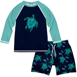 Millie Loves Lily Boys Long-Sleeve Rashguard Swimsuit Set -  Black Glass Turtles