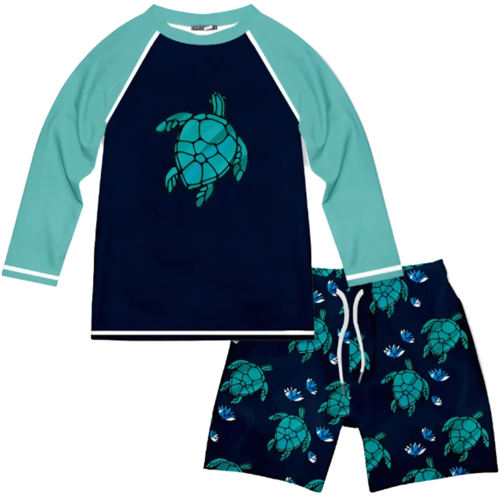 Millie Loves Lily Boys Long-Sleeve Rashguard Swimsuit Set -  Black Glass Turtles