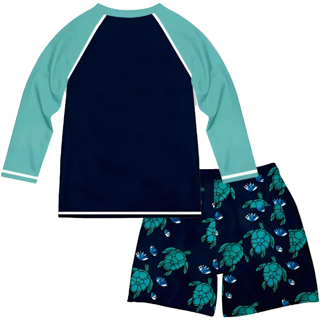 Millie Loves Lily Boys Long-Sleeve Rashguard Swimsuit Set -  Black Glass Turtles