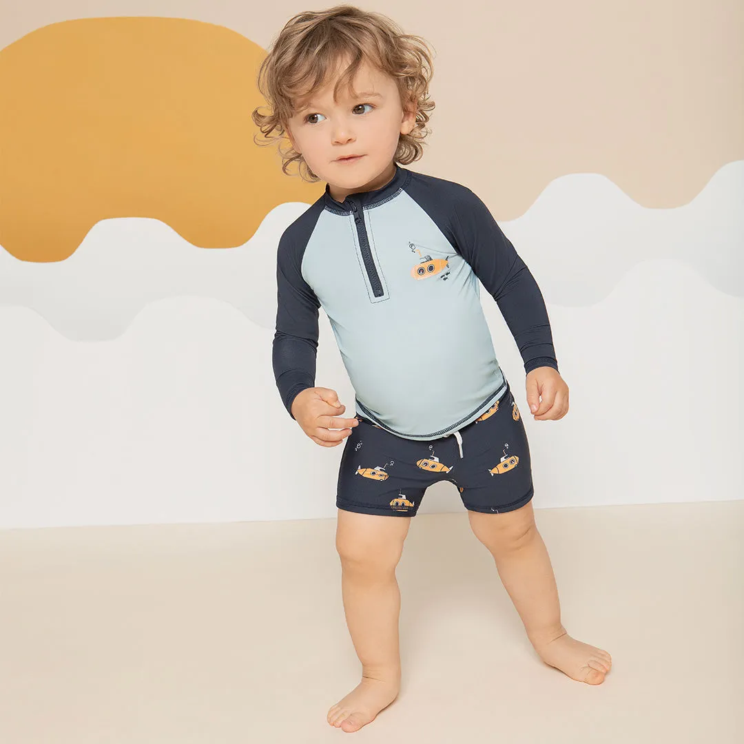 Navy Raglan Rashguard and Submarine Swim Shorts Set | Petit Lem