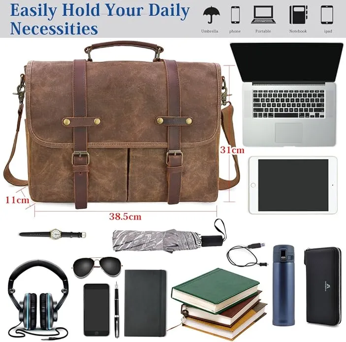 NEWHEY Mens Laptop Shoulder Canvas Messenger Bag Waterproof Computer Briefcase Notebook Vintage Satchel Designer School Work Bags 15.6 Leather