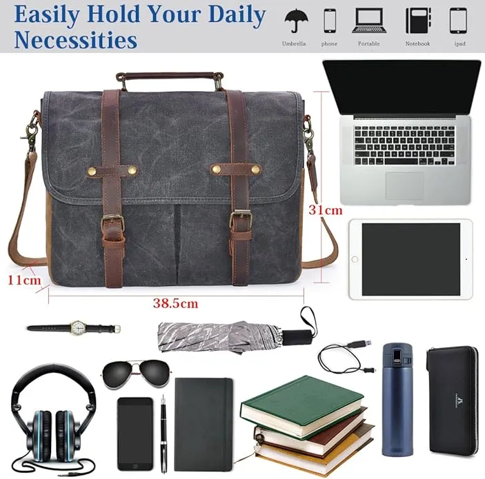 NEWHEY Mens Laptop Shoulder Canvas Messenger Bag Waterproof Computer Briefcase Notebook Vintage Satchel Designer School Work Bags 15.6 Leather