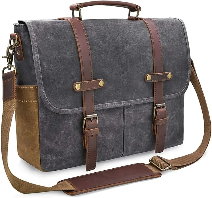 NEWHEY Mens Laptop Shoulder Canvas Messenger Bag Waterproof Computer Briefcase Notebook Vintage Satchel Designer School Work Bags 15.6 Leather