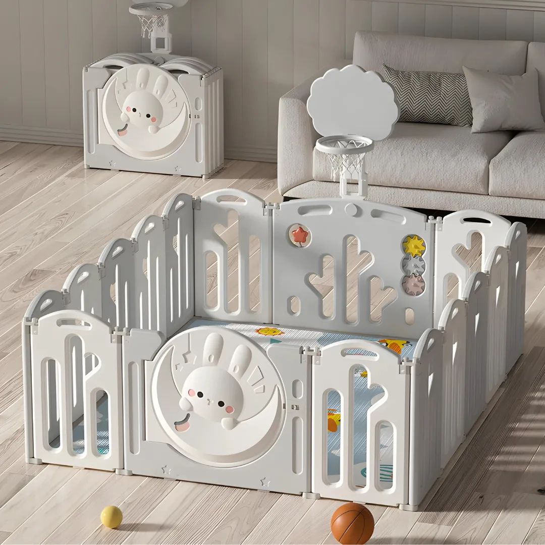 Rabbit Design Playpen Set With Mat , Basketball Hoop And Ocean Balls