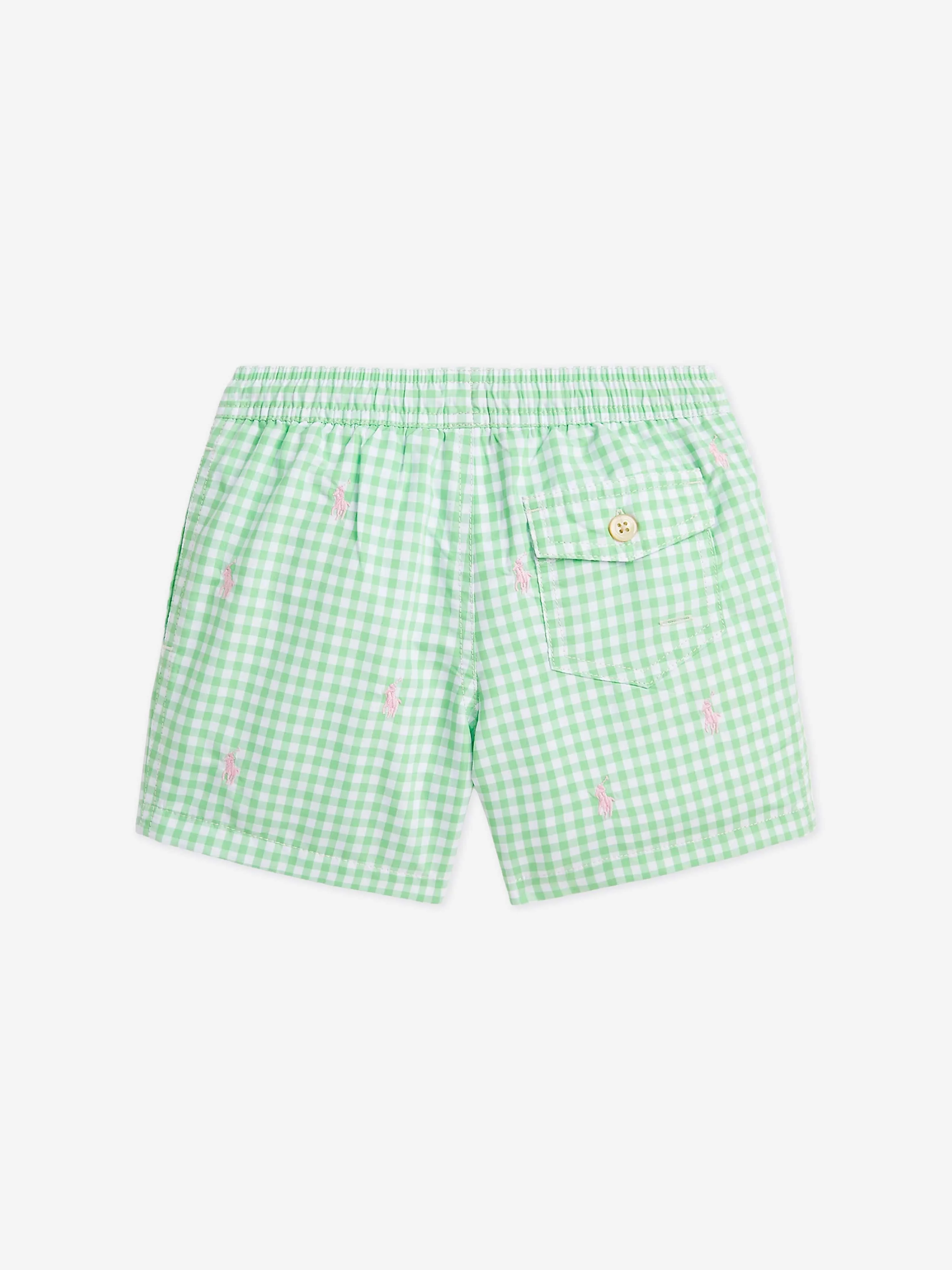 Ralph Lauren Boys Gingham Logo Swim Shorts in Green